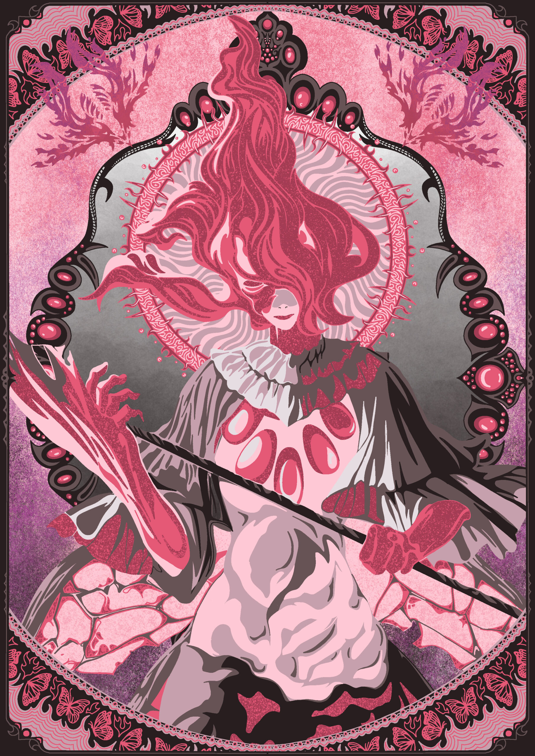 Parte 2 de mis diseños para láminas de Elden Ring. Romina, santa apóstol del brote. La paleta de colores está dominada por tonos rosados, magenta y negro, lo que aporta una sensación de misterio y sofisticación, mientras que el fondo incorpora patrones decorativos que incluyen mariposas y formas sinuosas, creando una atmósfera etérea.